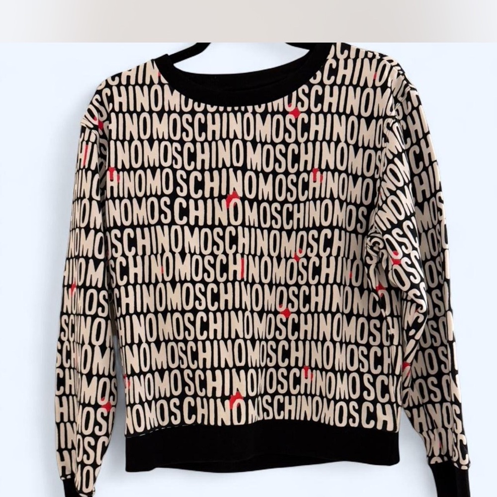 NWT Moschino All Over Logo Print Sweatshirt Sweater Black Cream M